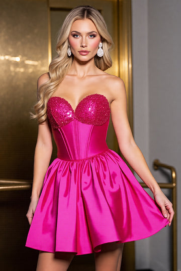 Sparkly A Line Fuchsia Satin Corset Homecoming Dress